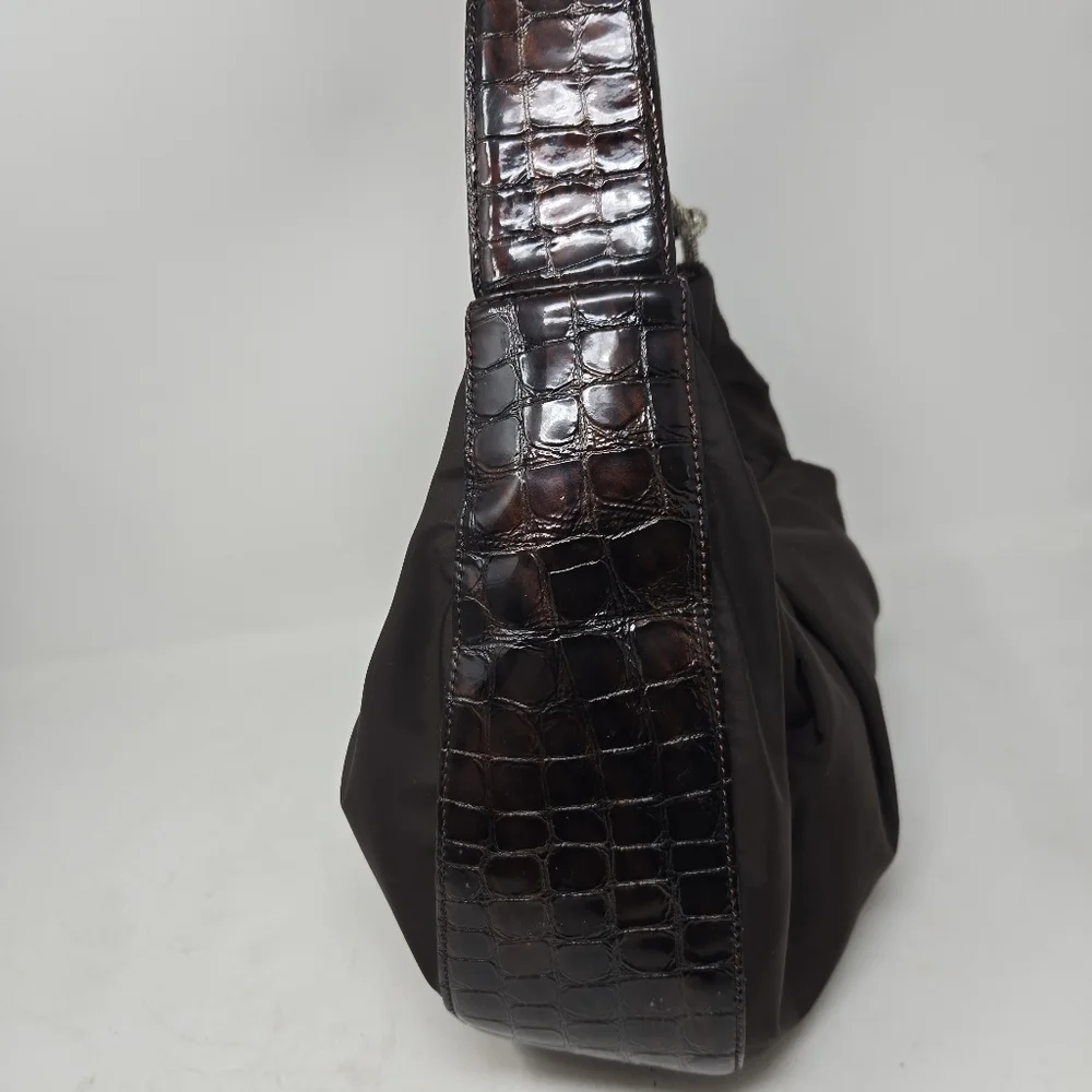 BRIGHTON Brown‎ Patent Leather Croc Embossed Nylon Hobo Purse Shoulder Bag Tote